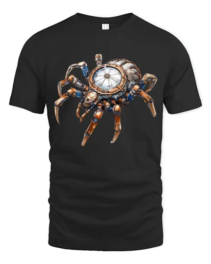 Steampunk Clockwork Spider Graphic Tshirt Mechanical Time Art - black t-shirt on white background