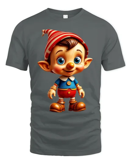 Cute Wooden Elf Doll Cartoon Tshirt Soft Graphic Smile Art - gray t-shirt on white background