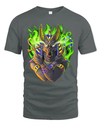 Egyptian Anubis Wolf God Art Tshirt Mythic Power Energy - gray t-shirt on white background