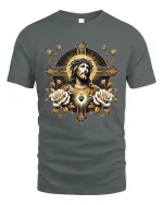 Sacred Heart Jesus Cross Art Tshirt Golden Faith Spiritual Style - gray t-shirt on white background