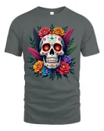 Colorful Sugar Skull Floral Art Tshirt Bold Day Of Dead Style - gray t-shirt on white background