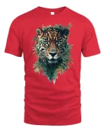 Majestic Leopard Jungle Art Tshirt Fierce Wild Nature Power - red t-shirt on white background