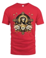 Sacred Heart Jesus Cross Art Tshirt Golden Faith Spiritual Style - red t-shirt on white background