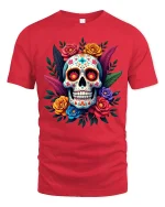 Colorful Sugar Skull Floral Art Tshirt Bold Day Of Dead Style - red t-shirt on white background