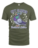 City Slicker Pigeon Cartoon Tshirt Funny Urban Street Style - military green t-shirt on white background