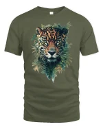 Majestic Leopard Jungle Art Tshirt Fierce Wild Nature Power - military green t-shirt on white background