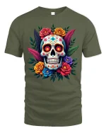 Colorful Sugar Skull Floral Art Tshirt Bold Day Of Dead Style - military green t-shirt on white background