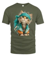 Adorable Boho Kitten Illustration Tshirt Cute Whimsical Style - military green t-shirt on white background
