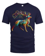 Colorful Abstract Deer Art Tshirt Vibrant Creative Flow - navy t-shirt on white background
