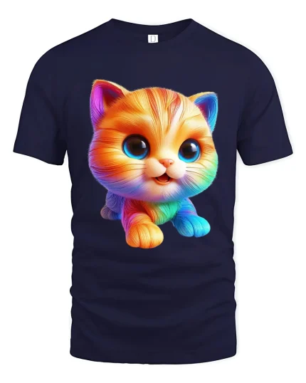 Cute Rainbow Kitten Cartoon Tshirt Adorable Happy Color Vibes - navy t-shirt on white background