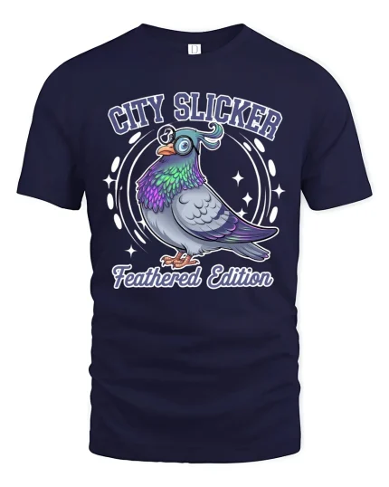 City Slicker Pigeon Cartoon Tshirt Funny Urban Street Style - navy t-shirt on white background