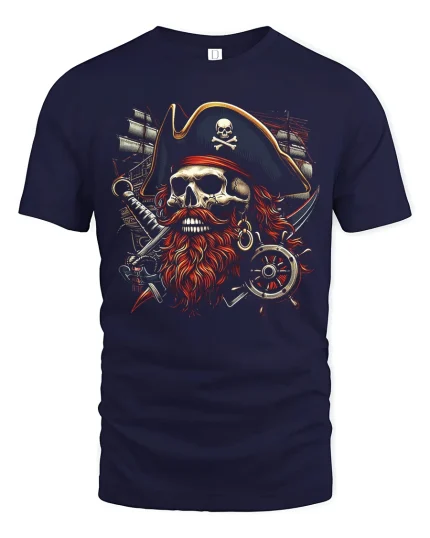Fierce Pirate Skull Captain Art Tshirt Dark Ocean Power - navy t-shirt on white background