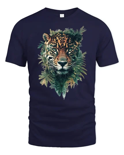 Majestic Leopard Jungle Art Tshirt Fierce Wild Nature Power - navy t-shirt on white background