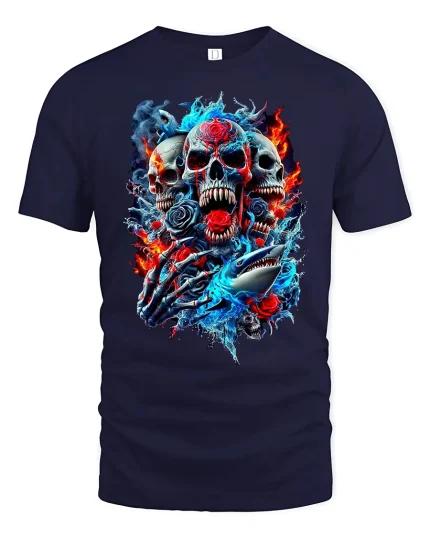 Dark Flame Skull Art Tshirt Fire Ice Chaos Graphic Power - navy t-shirt on white background
