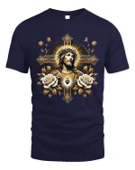Sacred Heart Jesus Cross Art Tshirt Golden Faith Spiritual Style - navy t-shirt on white background