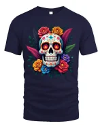Colorful Sugar Skull Floral Art Tshirt Bold Day Of Dead Style - navy t-shirt on white background
