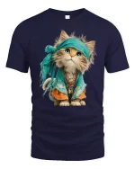Adorable Boho Kitten Illustration Tshirt Cute Whimsical Style - navy t-shirt on white background