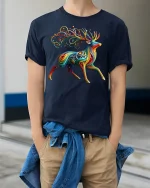 Colorful Abstract Deer Art Tshirt Vibrant Creative Flow - model wearing navy tee with hands in pockets