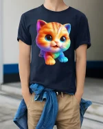 Cute Rainbow Kitten Cartoon Tshirt Adorable Happy Color Vibes - model wearing navy tee with hands in pockets