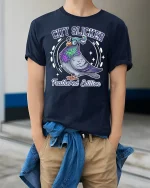 City Slicker Pigeon Cartoon Tshirt Funny Urban Street Style - model wearing navy tee with hands in pockets