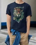 Majestic Leopard Jungle Art Tshirt Fierce Wild Nature Power - model wearing navy tee with hands in pockets