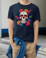 Colorful Sugar Skull Floral Art Tshirt Bold Day Of Dead Style - model wearing navy tee with hands in pockets