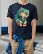 Adorable Boho Kitten Illustration Tshirt Cute Whimsical Style - model wearing navy tee with hands in pockets