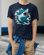 Fierce Great White Shark Graphic Tshirt Powerful Ocean Energy - model wearing navy tee with hands in pockets