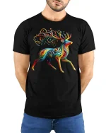 Colorful Abstract Deer Art Tshirt Vibrant Creative Flow - model wearing black tee with hands behind back