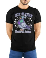 City Slicker Pigeon Cartoon Tshirt Funny Urban Street Style - model wearing black tee with hands behind back