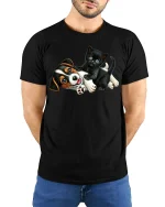 Cute Puppy And Kitten Best Friends Cartoon Tshirt Sweet Love - model wearing black tee with hands behind back