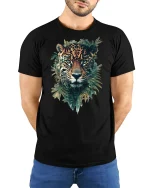 Majestic Leopard Jungle Art Tshirt Fierce Wild Nature Power - model wearing black tee with hands behind back
