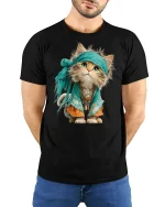 Adorable Boho Kitten Illustration Tshirt Cute Whimsical Style - model wearing black tee with hands behind back