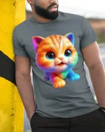 Cute Rainbow Kitten Cartoon Tshirt Adorable Happy Color Vibes - model wearing grey tee, leaning on column