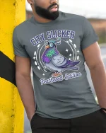 City Slicker Pigeon Cartoon Tshirt Funny Urban Street Style - model wearing grey tee, leaning on column