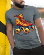 Retro Roller Skate Cartoon Tshirt Colorful Fun Vintage Vibes - model wearing grey tee, leaning on column