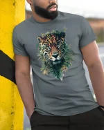 Majestic Leopard Jungle Art Tshirt Fierce Wild Nature Power - model wearing grey tee, leaning on column