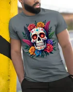 Colorful Sugar Skull Floral Art Tshirt Bold Day Of Dead Style - model wearing grey tee, leaning on column