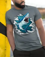 Fierce Great White Shark Graphic Tshirt Powerful Ocean Energy - model wearing grey tee, leaning on column