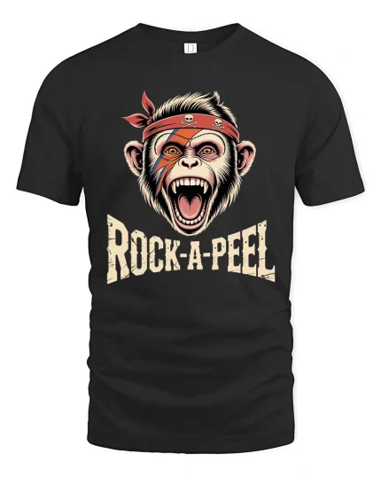 Rock A Peel Monkey Graphic Tshirt Loud Funny Rebel Street Art - black t-shirt on white background