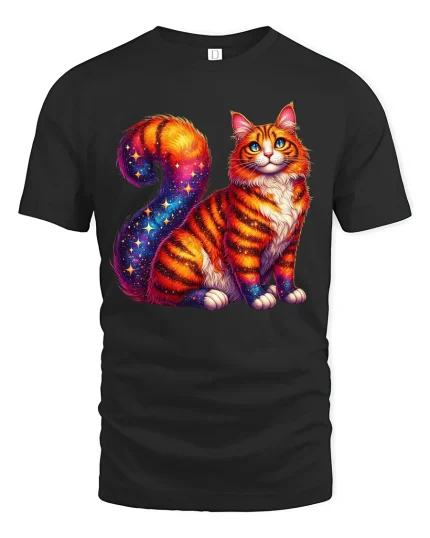 Galaxy Cat Cosmic Art Tshirt Colorful Space Fantasy Design - black t-shirt on white background