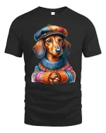 Stylish Dachshund Illustration Tshirt Cozy Artistic Dog Design - black t-shirt on white background