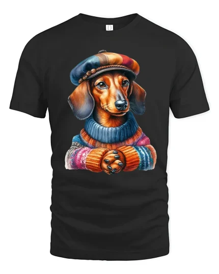 Stylish Dachshund Illustration Tshirt Cozy Artistic Dog Design - black t-shirt on white background