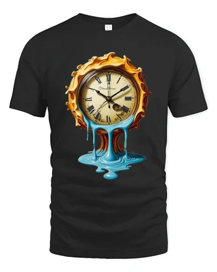 Melting Time Clock Surreal Art Tshirt Dreamy Vintage Style - black t-shirt on white background