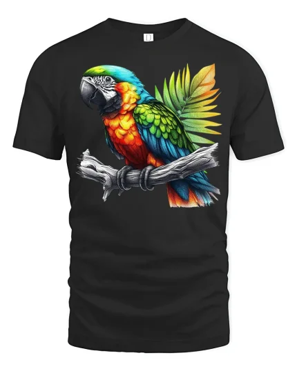 Vibrant Tropical Parrot Illustration Graphic Tshirt Bold Art - black t-shirt on white background