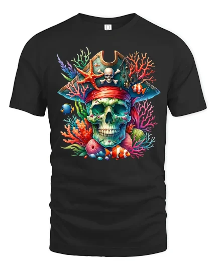Pirate Ocean Skull Graphic Tshirt Colorful Sea Fantasy Art - black t-shirt on white background