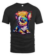 Colorful Angel Chihuahua Cartoon Tshirt Cute Halo Puppy Art - black t-shirt on white background