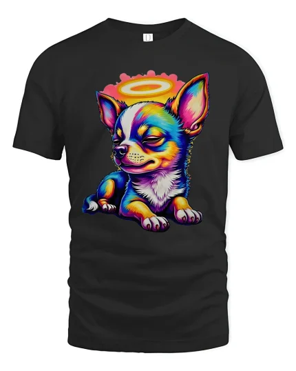 Colorful Angel Chihuahua Cartoon Tshirt Cute Halo Puppy Art - black t-shirt on white background