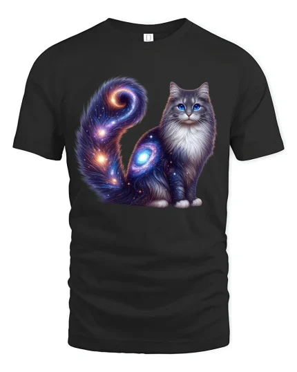 Cosmic Galaxy Cat Art Tshirt Mystical Space Feline Illustration - black t-shirt on white background