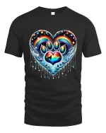 Rainbow Paw Heart Tshirt Colorful Pet Love Artistic Graphic - black t-shirt on white background